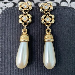 Pearl teardrop gold tone diamond drop formal earrings